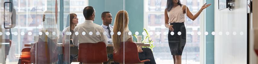 Image shows women stood giving presentation to group of business men and women sat down looking at screen